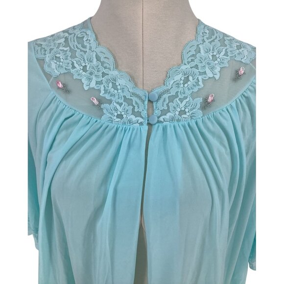 Vintage 70s NWT Sz M Shadowline Lace Trim Short Boudoir Jacket Robins Egg Blue - Picture 2 of 7